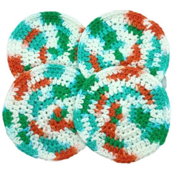 Handmade Tie Dye Green White Orange Crochet Cup Coasters One Set of 4 - Picture 1 of 7